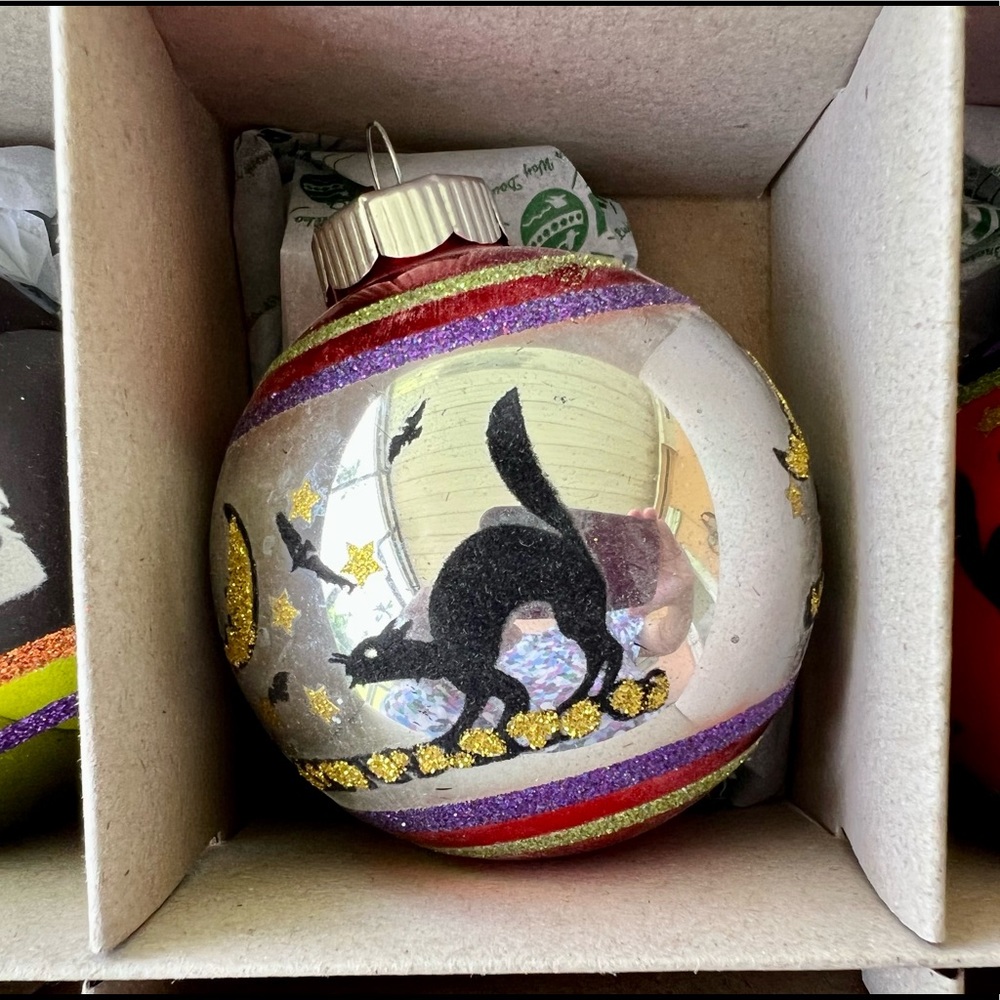 6 Halloween Radko Large Flocked Glass Ball Ornaments Owls Cat Witch Bats - Picture 8 of 10